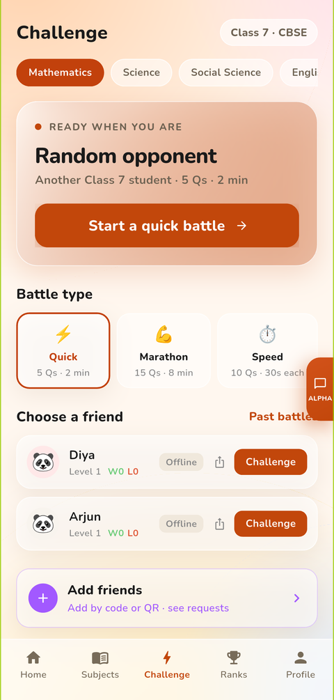 Challenge screen for starting a quick battle with a random opponent or a friend