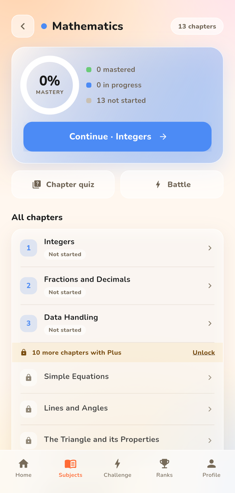 Chapter list for a subject, showing which are done and which are next