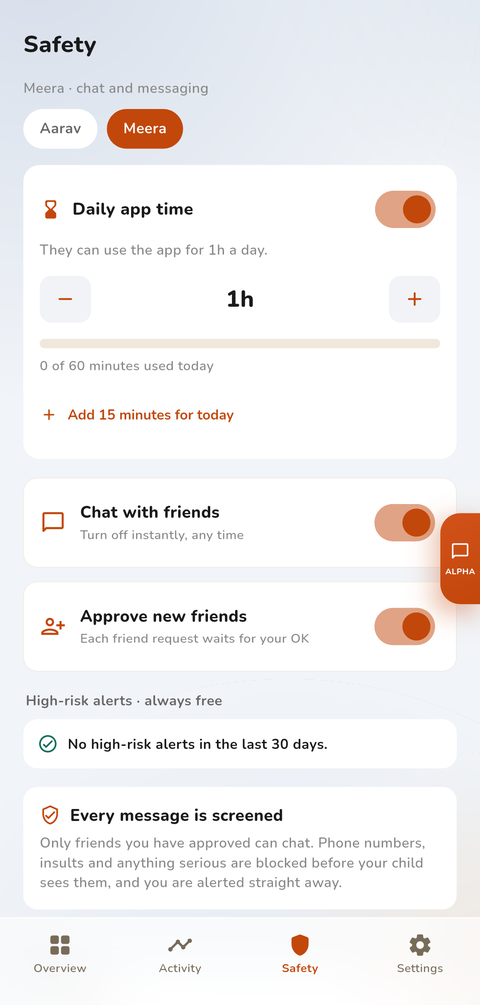 Parent Safety tab with the daily app-time limit, chat controls, friend approval and high-risk alerts