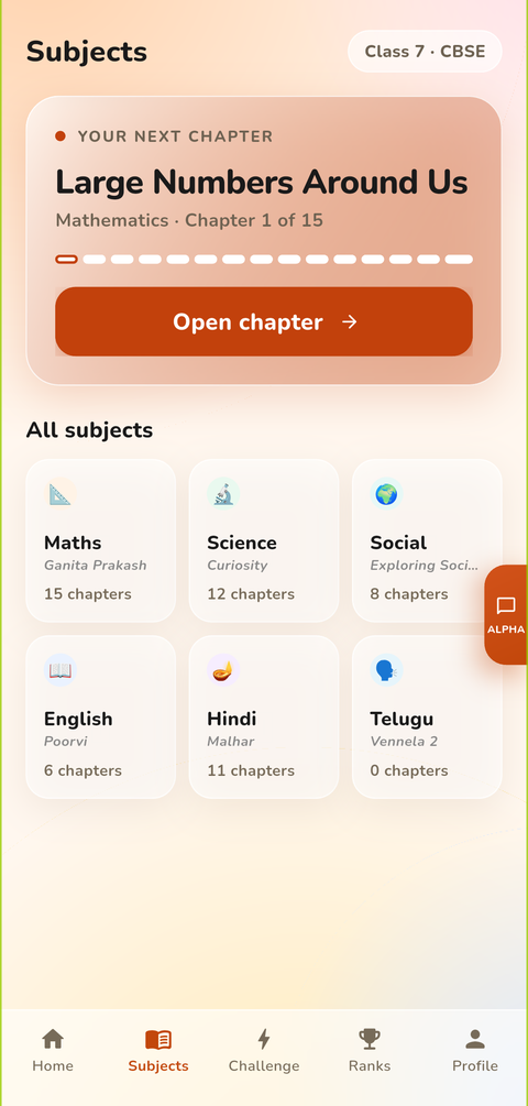 Subjects screen listing CBSE subjects and chapters for the student's class